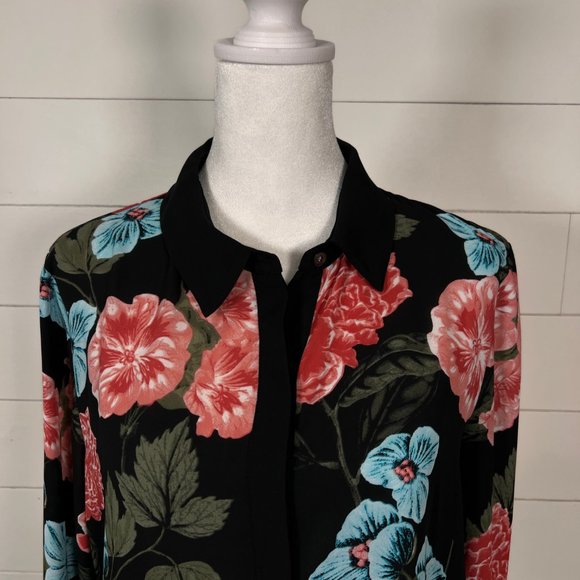 CeCe Black Pink & Blue Floral Semi Sheer Long Sleeve Blouse Size M - Picture 2 of 11